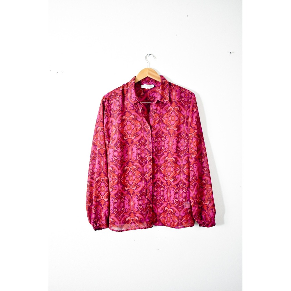 Sag Harbor Blouse Women XL Pink Magenta Red Psychedelic Paisley Retro Button Up